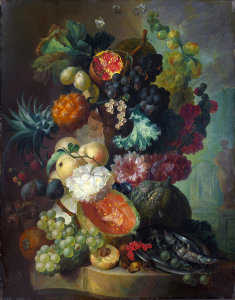 Натюрморт с фруктами, цветами и рыбой