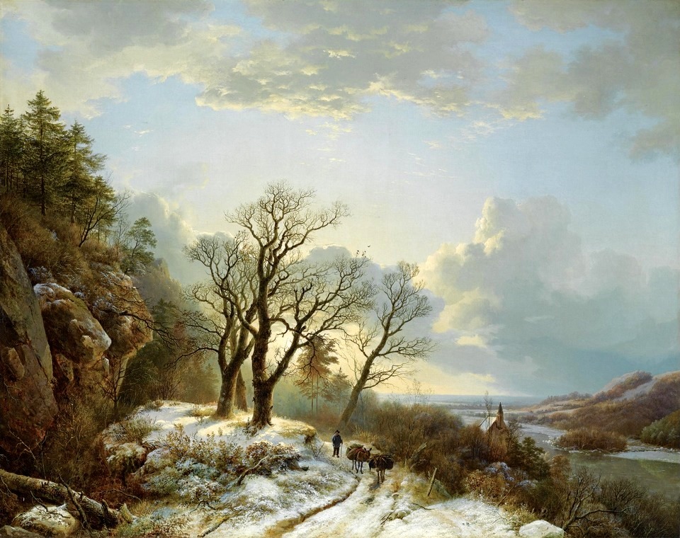 Зимний пейзаж с путешественником на дороге