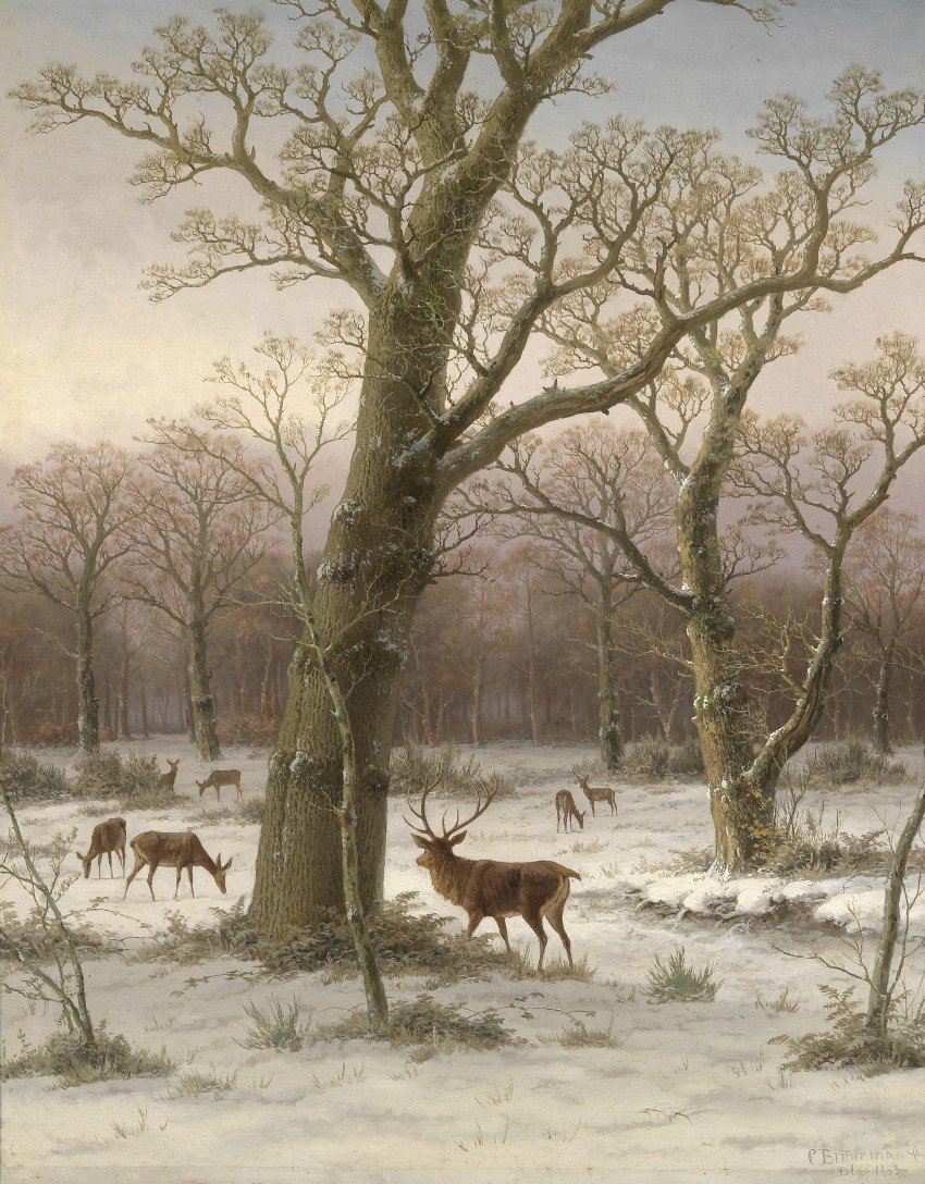 Благородный олень в зимнем лесу. 1883