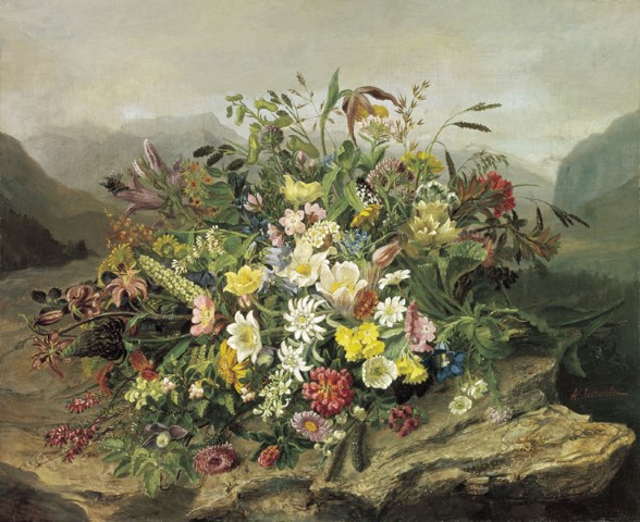 Букет цветов на фоне горного пейзажа