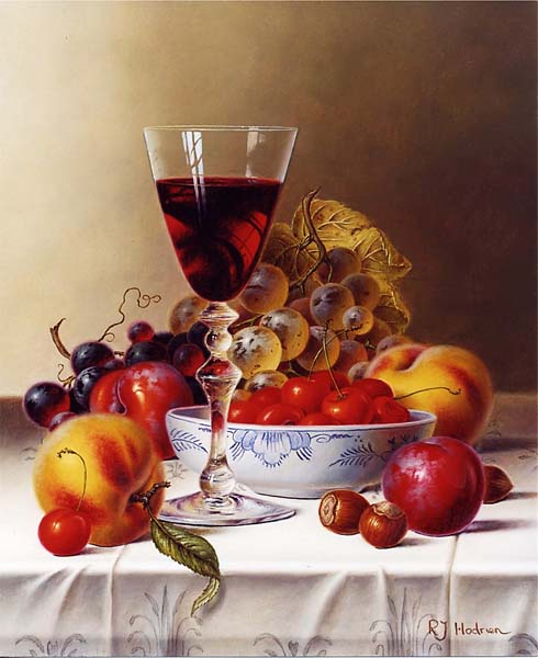 Натюрморт с красным вином и вишнями на скатерти