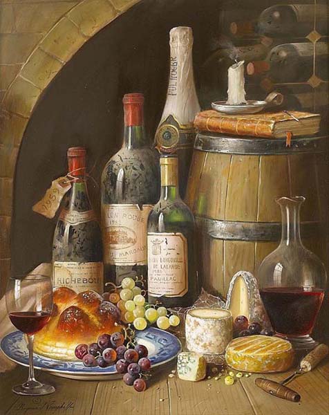 Натюрморт с вином, сыром и виноградом