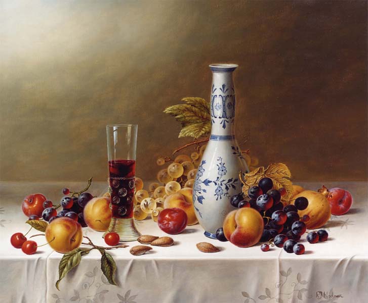 Натюрморт с дельфтской вазой, красным вином и фруктами
