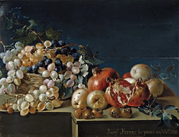 Репродукция картины 'Натюрморт с виноградом и гранатами' Феррер Хосе. Купить