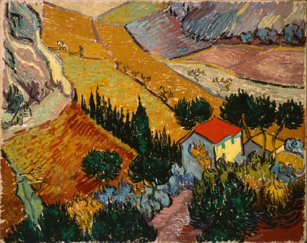 Репродукция картины 'Пейзаж с домом и земледельцем' Ван Гог Винсент. Купить