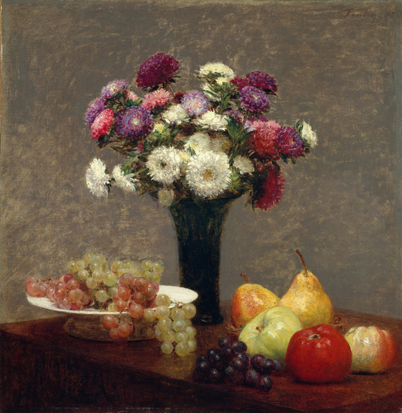 Репродукция картины 'Астры и фрукты на столе' Фантен - Латур Анри. Купить