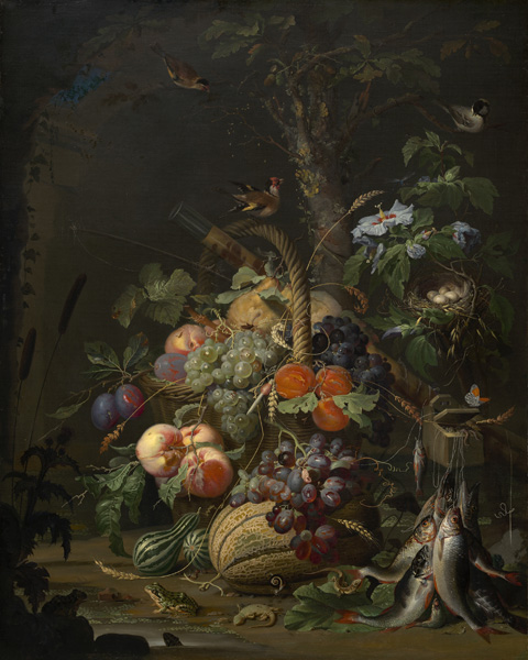 Натюрморт с фруктами, рыбой и гнездом