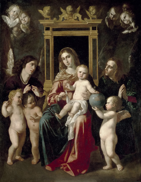 Репродукция картины 'Мадонна с младенцем на троне и ангелами' Де Эспиноса Хасинто Херонимо. Купить
