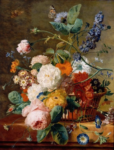 Репродукция картины 'Корзина с цветами и бабочки' Ван Хейсум Ян. Купить