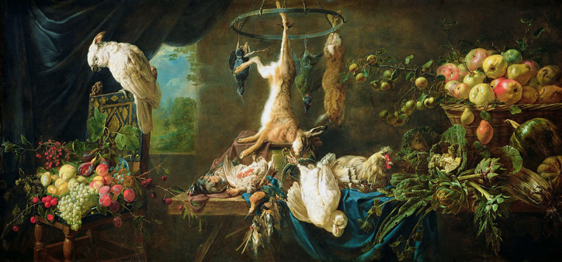 Репродукция картины 'Натюрморт с дичью, овощами, фруктами и какаду' Ван Утрехт Адриан. Купить