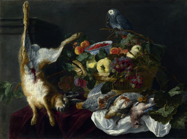 Натюрморт с фруктами, битой дичью и попугаем