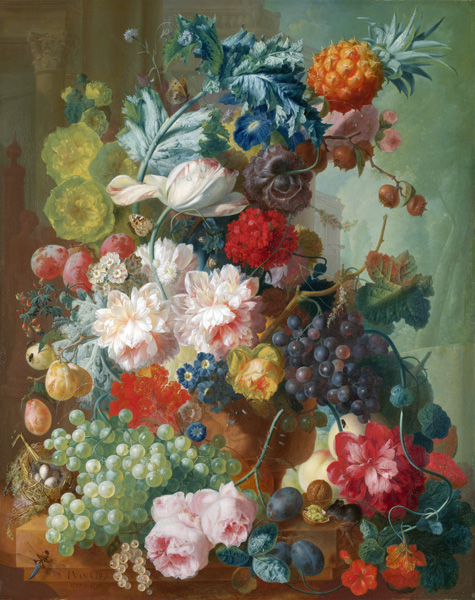 Фрукты и цветы в терракотовой вазе