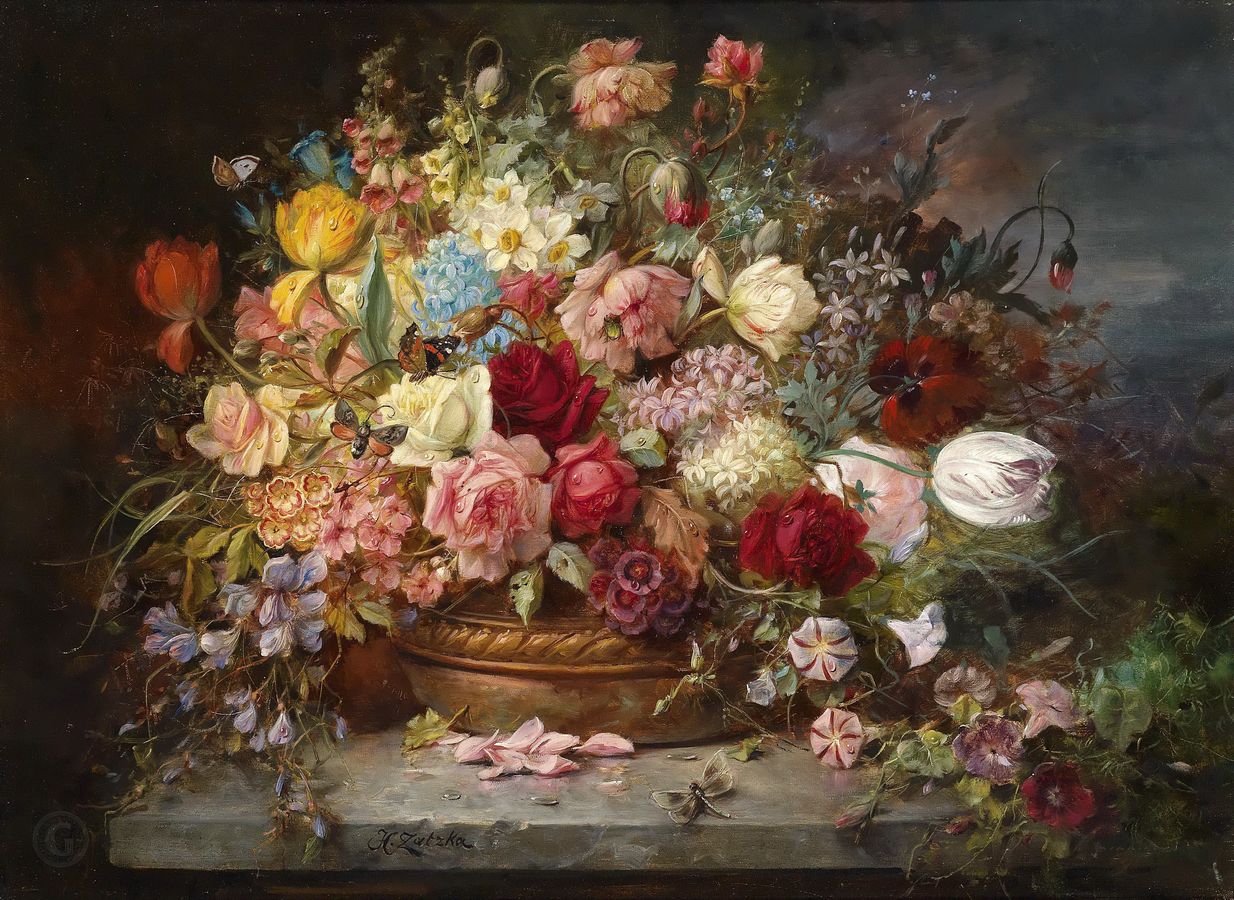 Репродукция картины 'Букет цветов в вазе со стрикозами' Зацка Ханс. Купить
