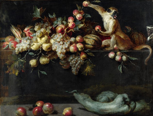 Натюрморт с фруктамии и овощами с двумя обезъянками
