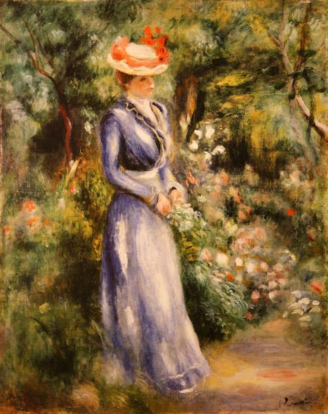 Женщина в синем платье, стоящая в саду Сен - Клу