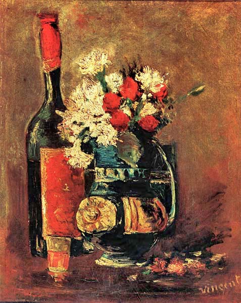 Репродукция картины 'Ваза с гвоздиками и бутылка вина' Ван Гог Винсент. Купить