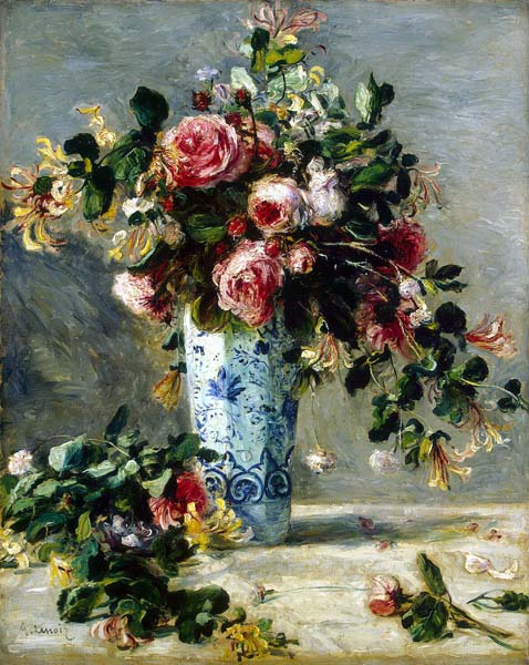 Репродукция картины 'Розы и жасмин в дельфтской вазе' Ренуар Огюст. Купить