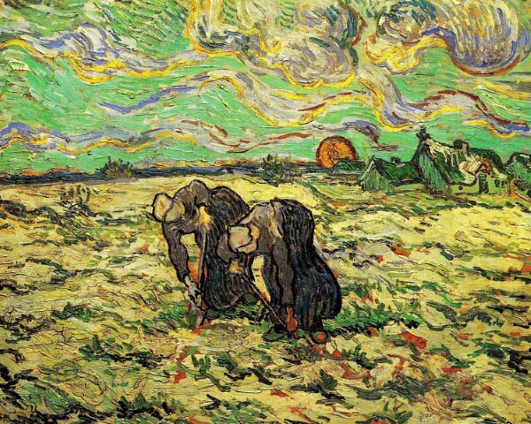 Репродукция картины 'Две крестьянки крпают заснеженное поле' Ван Гог Винсент. Купить