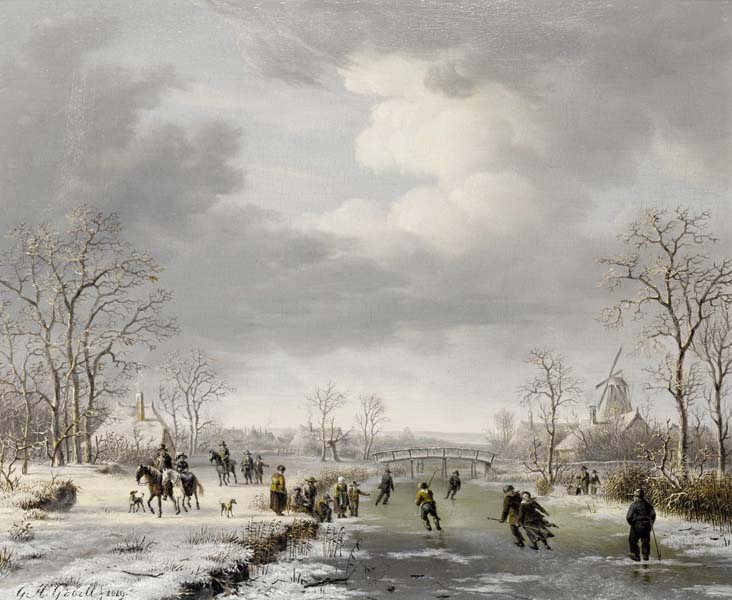 Репродукция картины 'Катание на окраине деревни зимой' Гобелл Хендрик Геррит. Купить