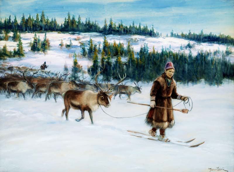 Житель Лапландии с оленем.