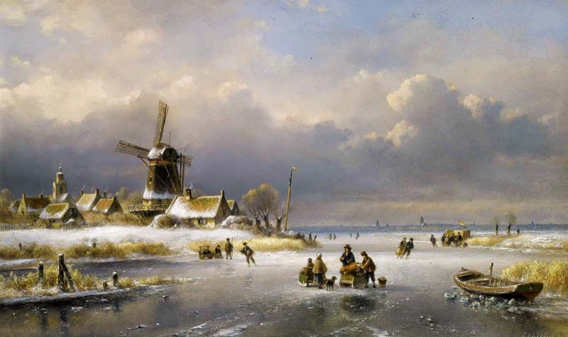 Репродукция картины 'Зимний пейзаж с конькобежцами на замерзшем озере' Кляйн Людовик Йоханнес. Купить