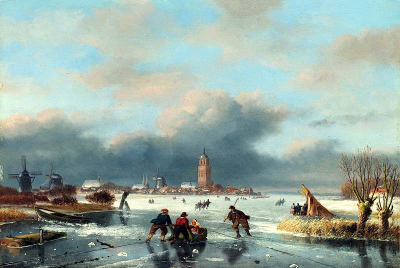 Репродукция картины 'Катающиеся фигуры на замерзшей реке' Розенбум Николас Йоханес. Купить