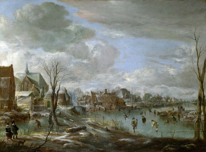 Репродукция картины 'Замерзшая река близ деревни с гольфистами и конькобежцами' Ван дер Неер Арт. Купить