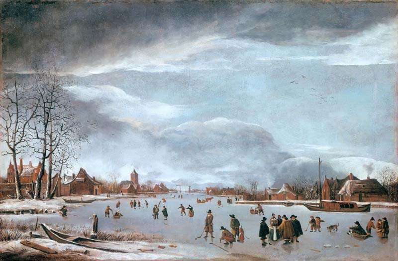 Репродукция картины 'Замерзшая река с конькобежцами' Берстратен Антони. Купить