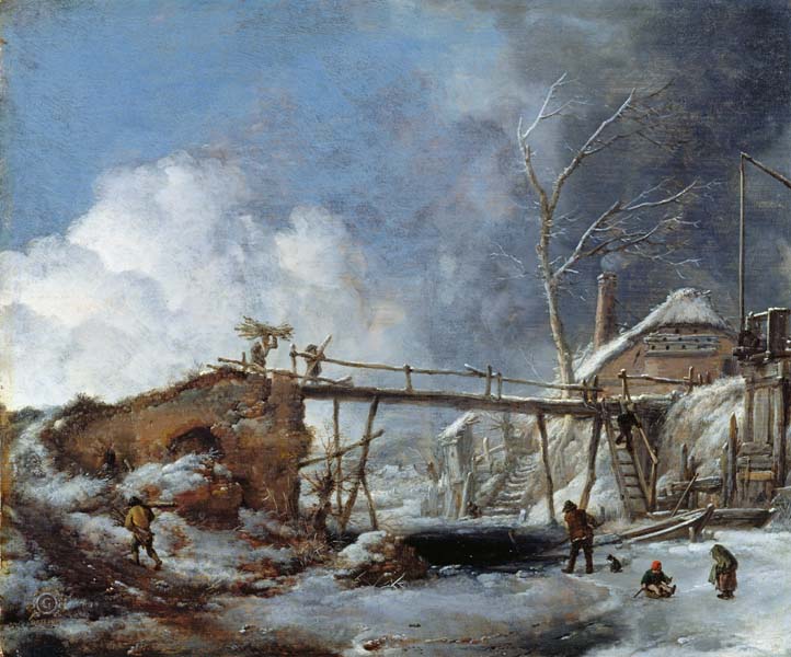 Репродукция картины 'Зимний пейзаж с деревянным мостиком' Вауэрман Филипс. Купить