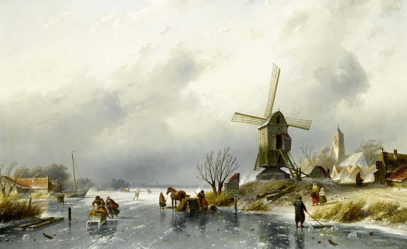 Голландская деревня с фигурами на замерзшем канале