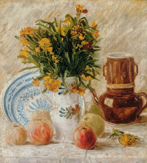 Репродукция картины 'Ваза с цветами, кофейник и фрукты' Ван Гог Винсент. Купить