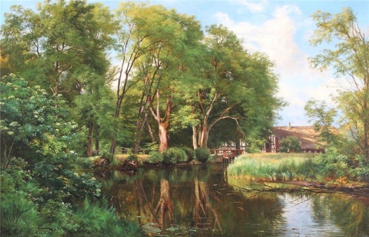 Лесной пейзаж с домом у ручья