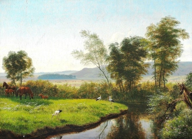 Репродукция картины 'Летний пейзаж из Вайле с тремя аистами у Змеевидного ручья' Аагард Карл Фредерик. Купить