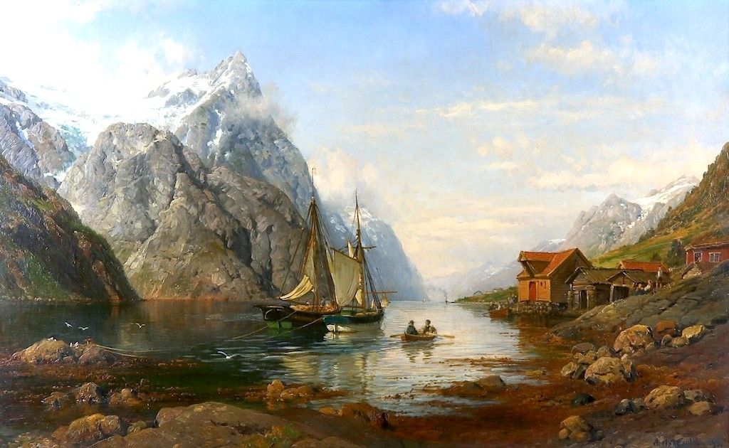 Вид на фьорд с парусником и далеким пароходом