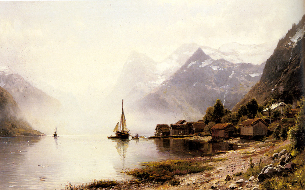 Репродукция картины 'Норвежский фьорд с заснеженными вершинами гор' Аскевольд Андерс Монсен. Купить