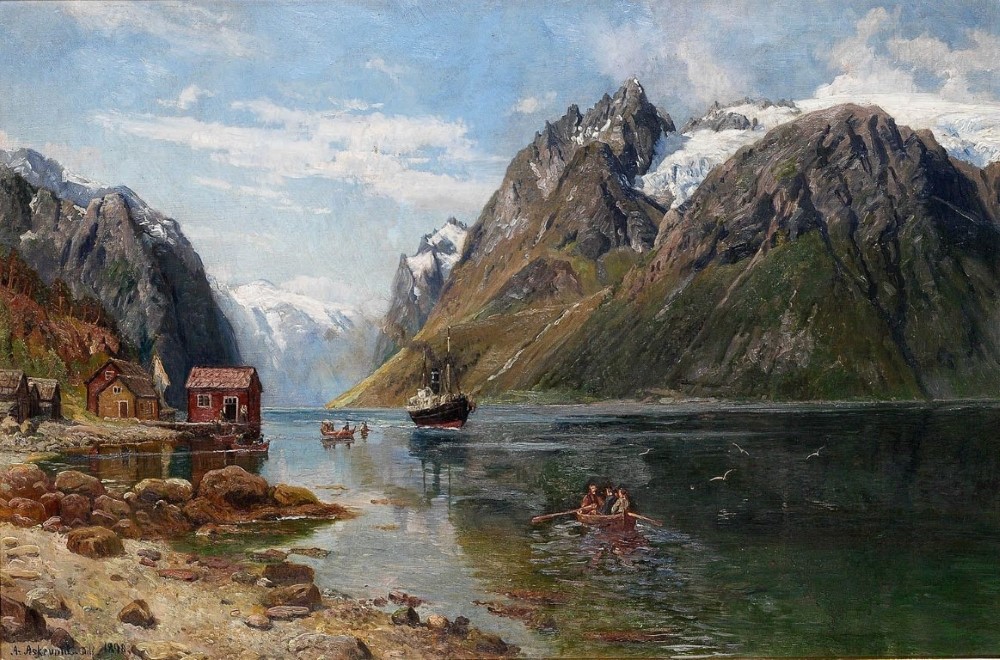 Репродукция картины 'Пароход и гребные лодки во фьордах' Аскевольд Андерс Монсен. Купить