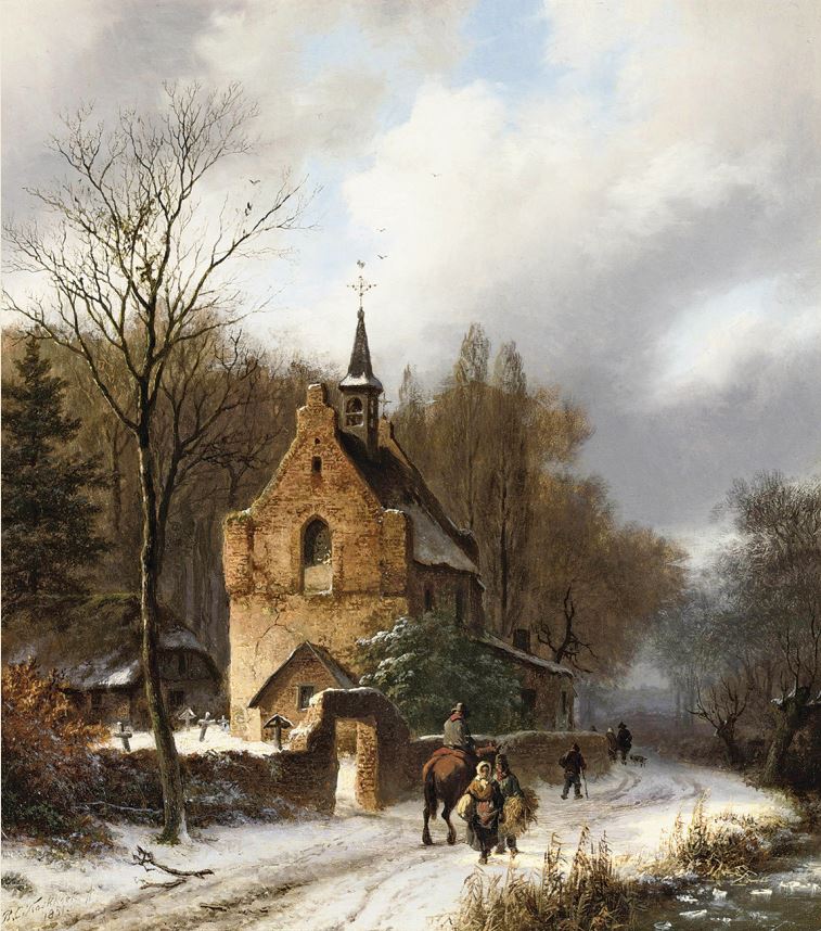 Репродукция картины 'Зимний пейзаж с часовней, всадником и путниками' Коеккоек Баренд Корнелиус. Купить