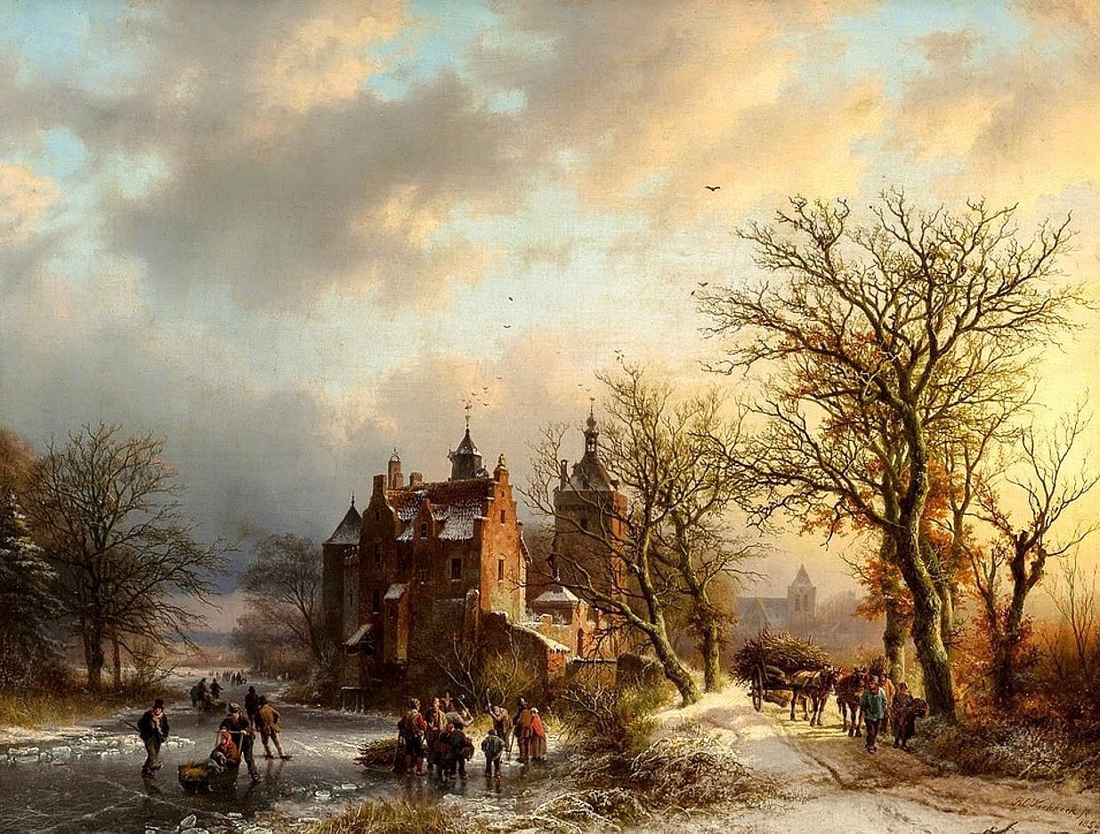 Репродукция картины 'Зимний пейзаж со сбощиками хвороста и фигуристами' Коеккоек Баренд Корнелиус. Купить