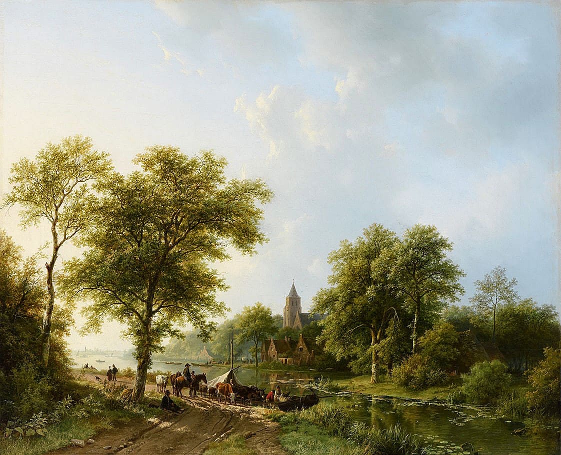 Репродукция картины 'Летний речной пейзаж с фигурами и скотом на пароме' Коеккоек Баренд Корнелиус. Купить