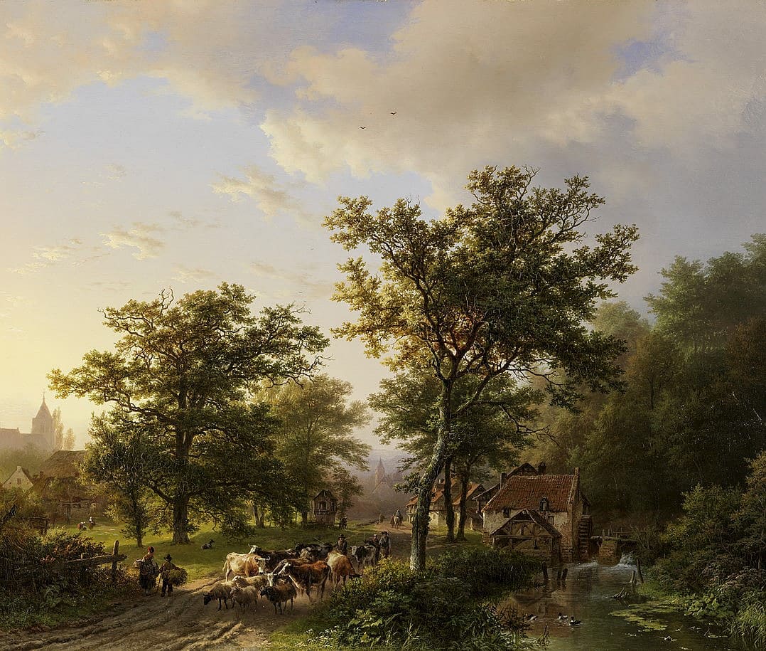 Репродукция картины 'Пейзаж с водяной мельницей и скотоводами' Коеккоек Баренд Корнелиус. Купить