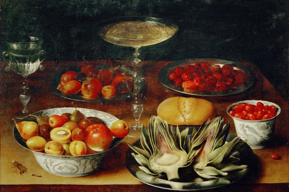 Натюрморт с артишоками, фруктами и чашками