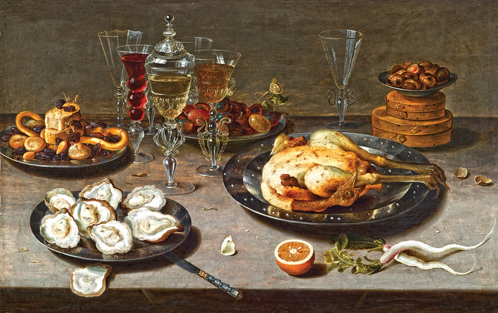 Репродукция картины 'Устрицы, жареный цыпленок, конфеты и сушеные фрукты' Беерт Осиас. Купить