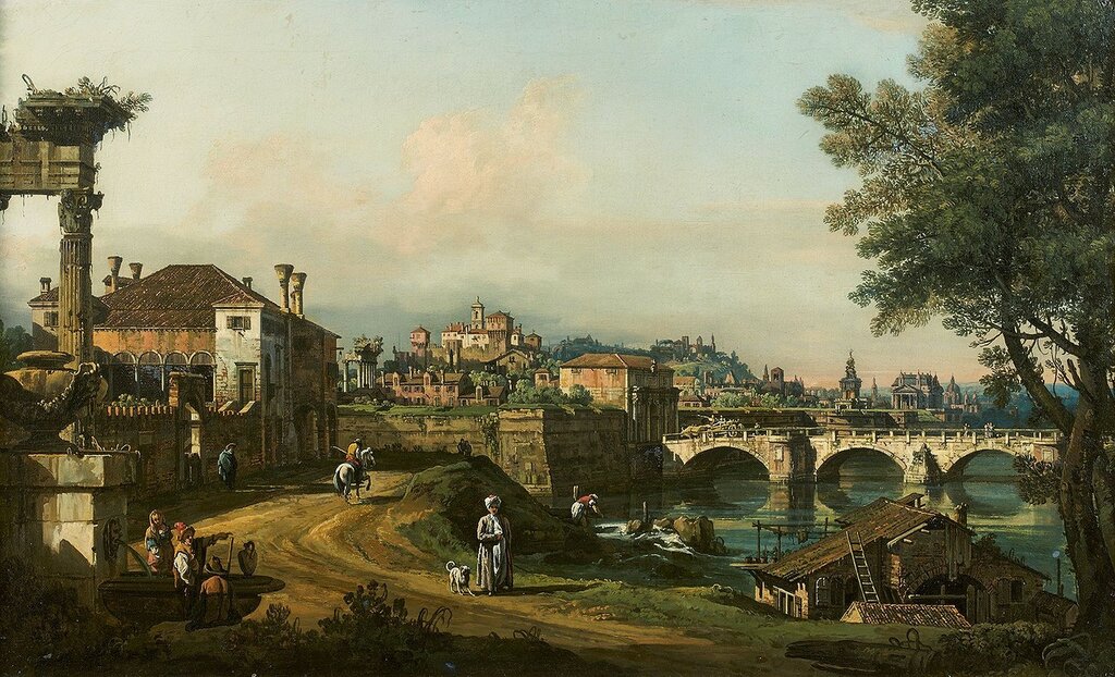Репродукция картины 'Венецианская вилла и Каменный мост' Беллотто Бернардо. Купить