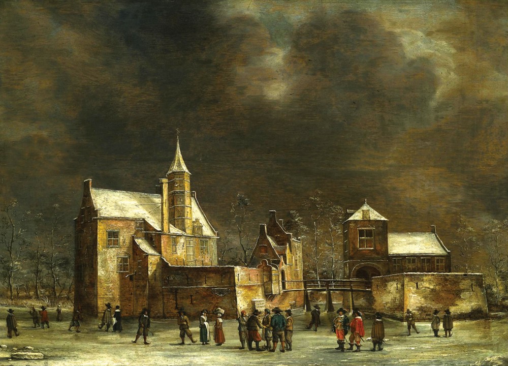 Репродукция картины 'Вид замка Вульнен зимой с людьми, катающимися по льду' Беерстратен Абрахам. Купить