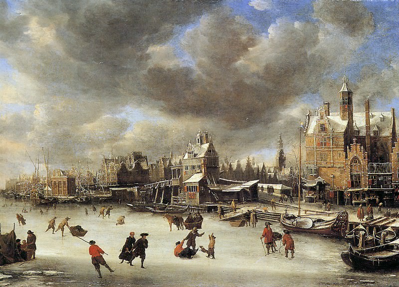 Репродукция картины 'Дом на сваях и мост зимой' Беерстратен Абрахам. Купить