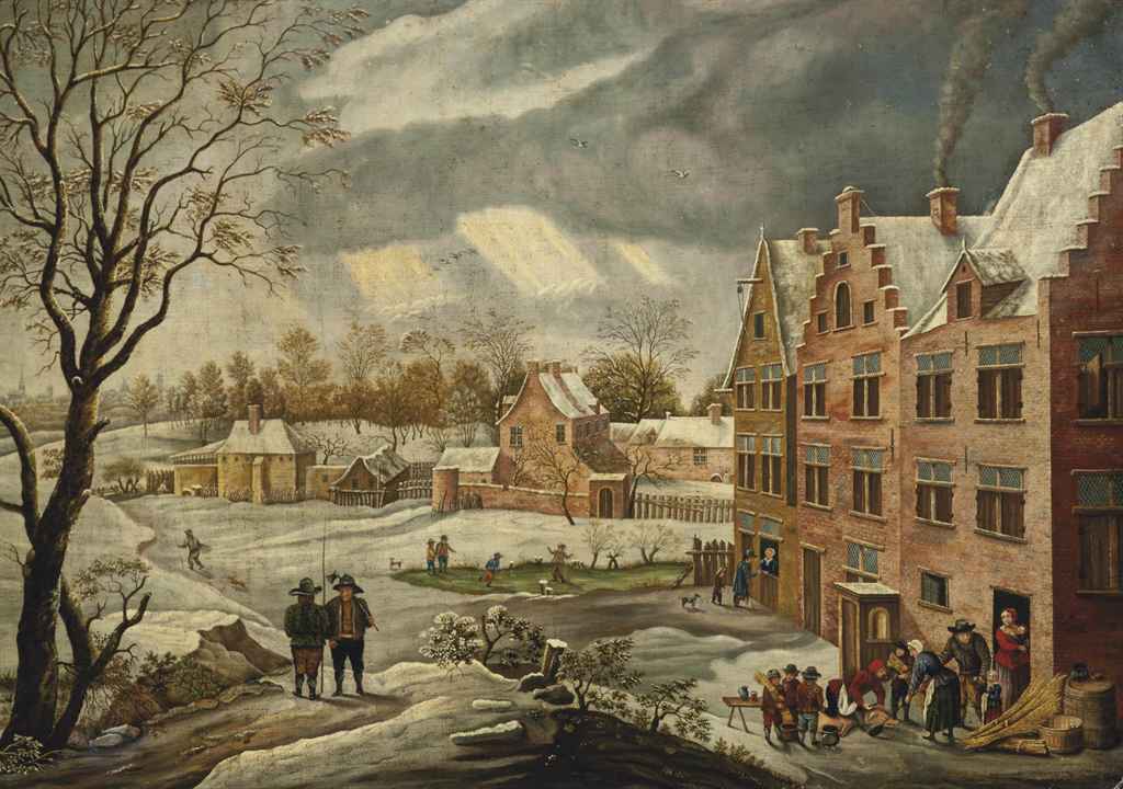 Репродукция картины 'Зимний пейзаж деревни с фигурками' Беерстратен Абрахам. Купить