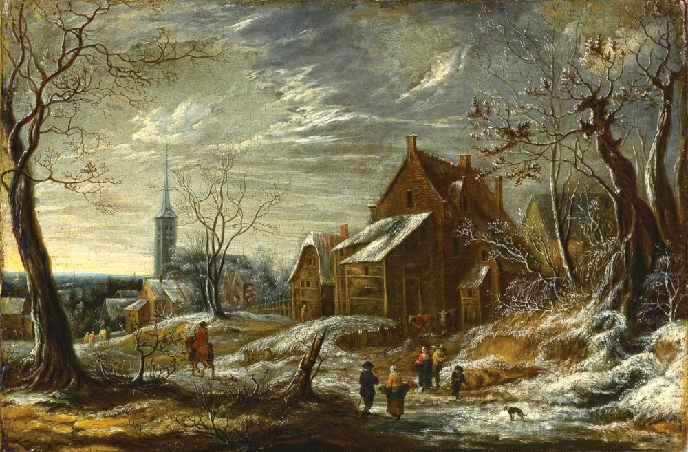 Репродукция картины 'Зимний пейзаж с людьми и городом вдали' Беерстратен Абрахам. Купить