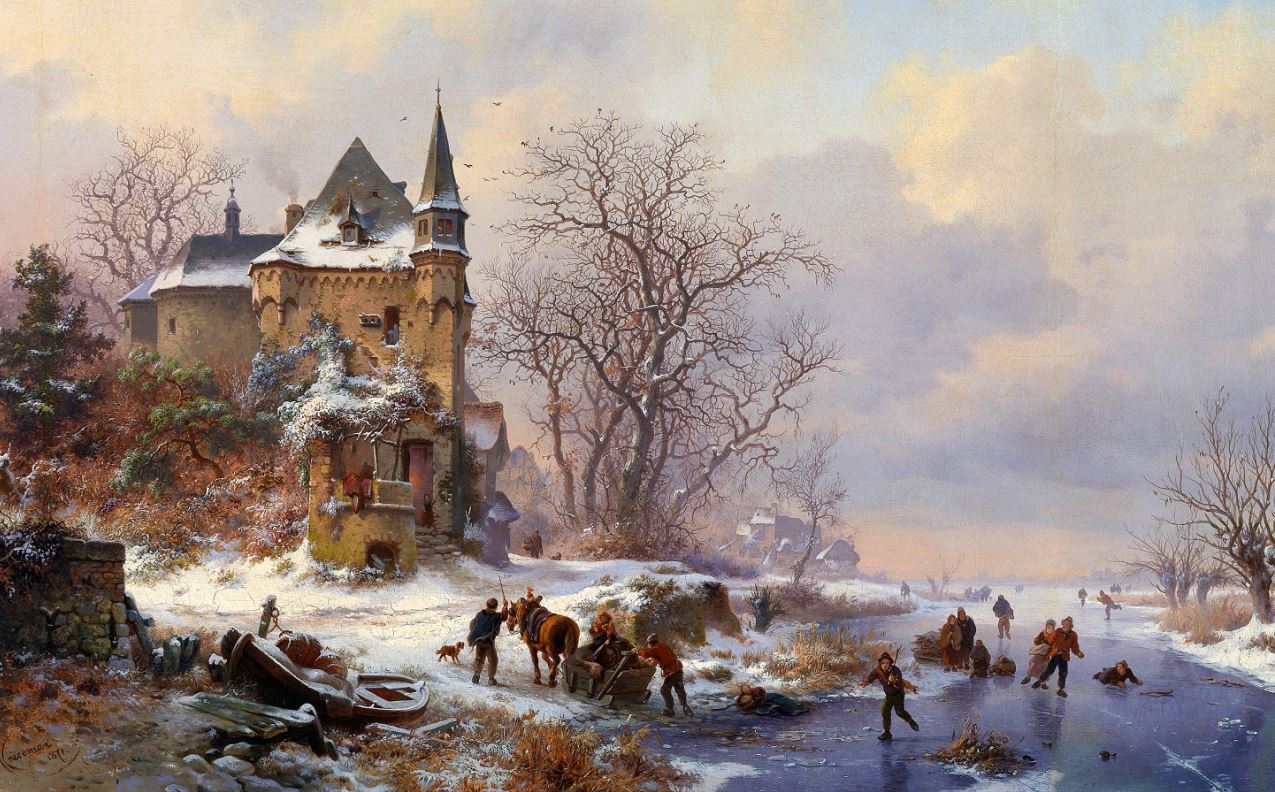 Репродукция картины 'Зимний пейзаж с повозкой' Беерстратен Абрахам. Купить