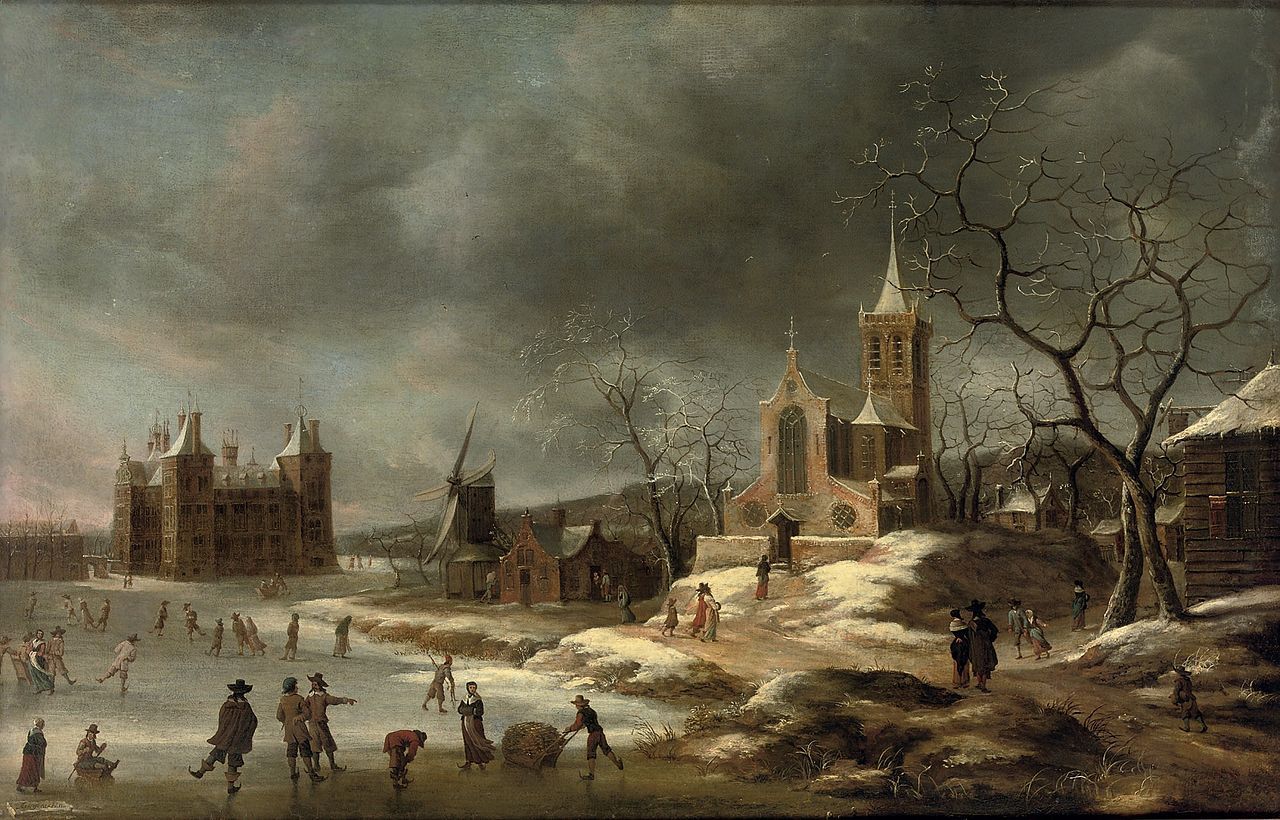 Зимний пейзаж с развлечениями на льду возле замка