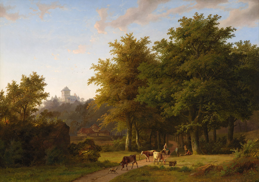 Репродукция картины 'Лесной пейзаж с людьми, животными и видом на замок Бартхейм' Биммерман Цезарь. Купить